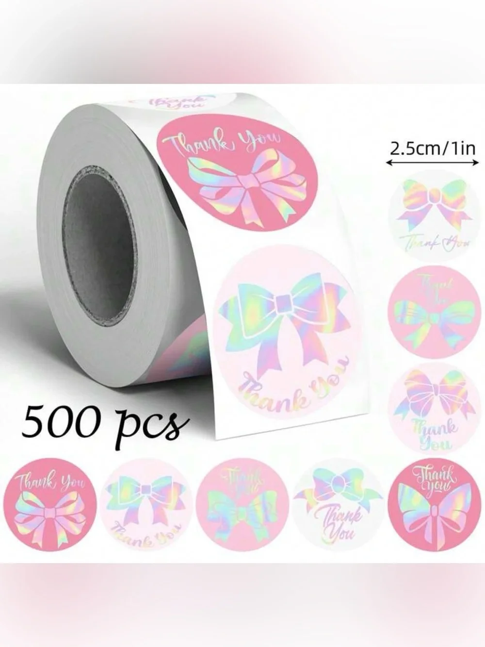 🌈 Holographic Bow 'Thank You' Round Sticker Roll